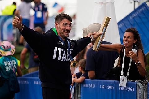 Men's kayak single finals medal ceremony: Gold Medal winner Giovanni de Gennaro of Italy